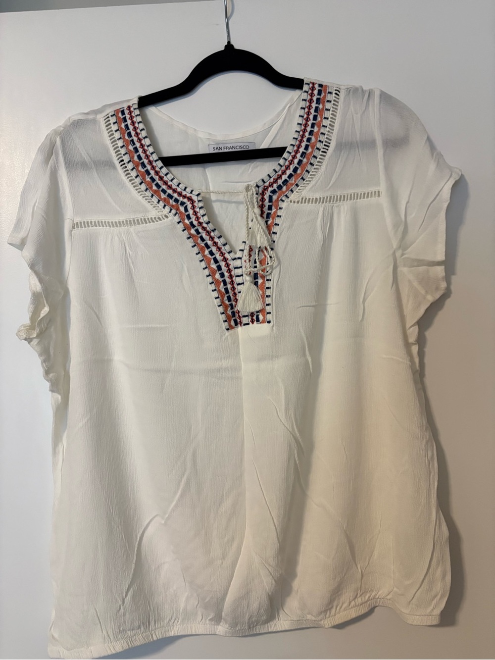 NWOT White Embroidered Tassel-Neck Top
